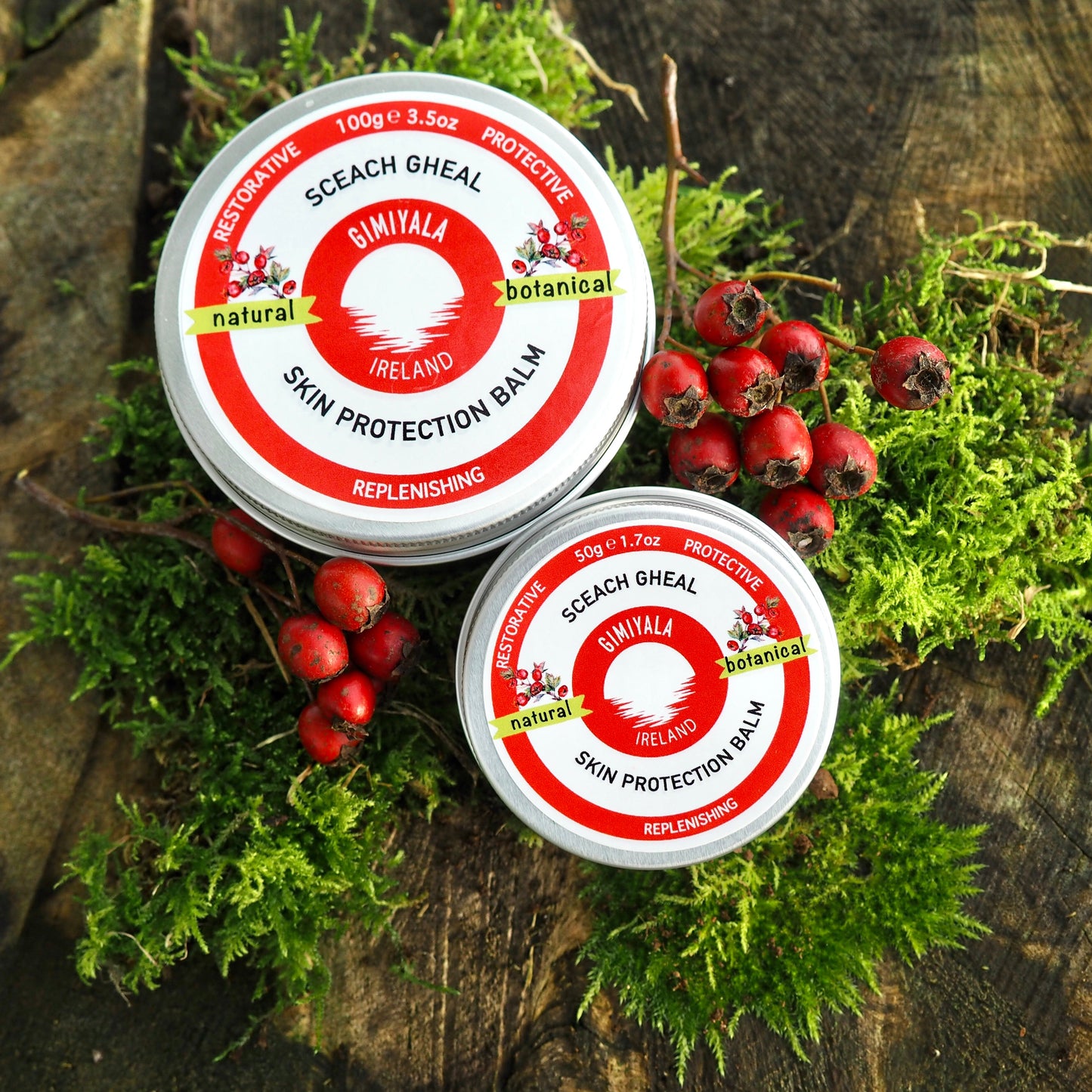 Two tins of Sceach Gheal skin protection balm on a natural background with greenery and berries.