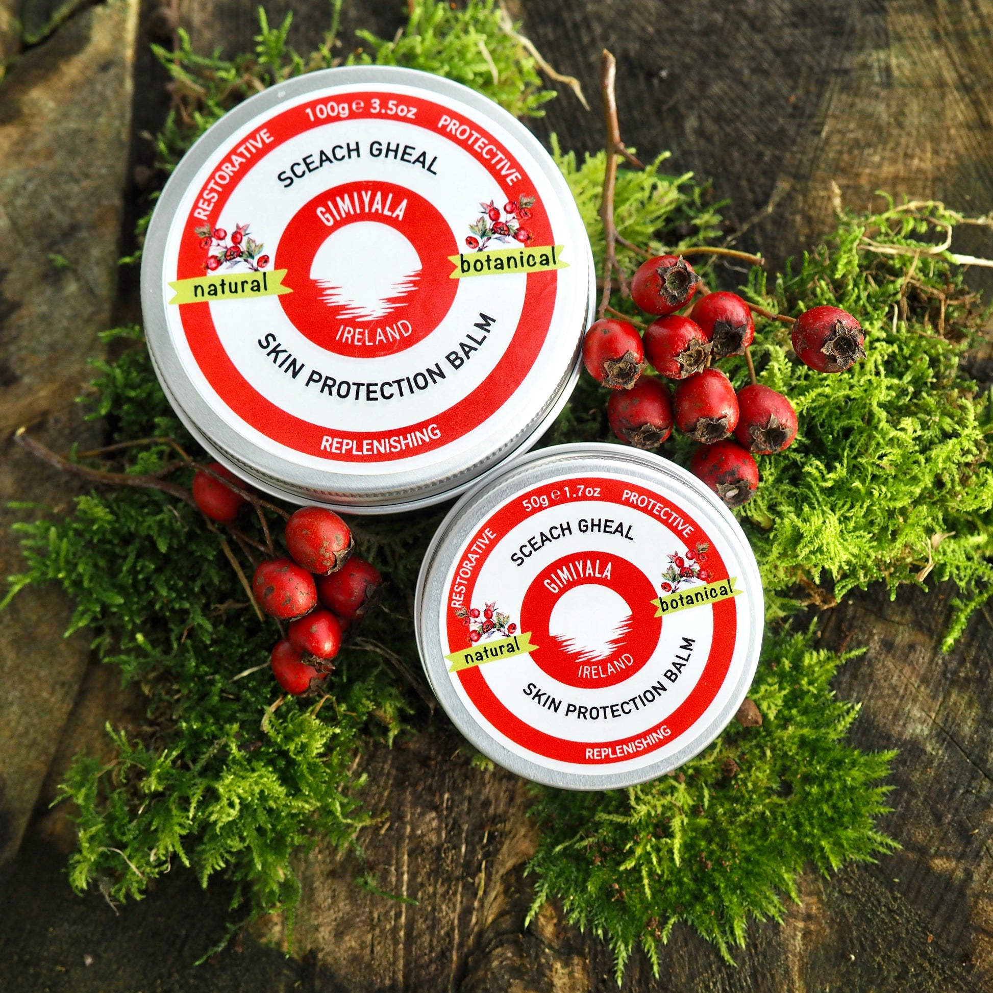 Two tins of Sceach Gheal skin protection balm on a natural background with greenery and berries.